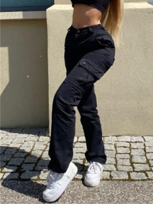 Casual High Waist Plain Full Length Cargo Trousers - Image 2
