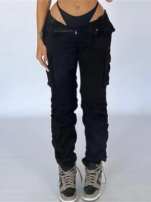 Casual High Waist Plain Full Length Cargo Trousers - Image 3