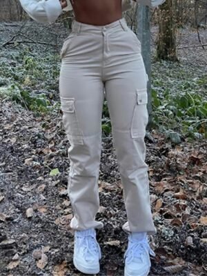 Casual High Waist Plain Full Length Cargo Trousers - Image 4