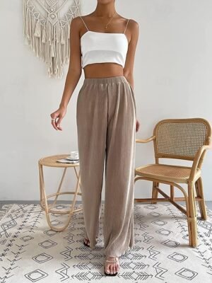 Casual High Waist Plain Wide Leg Elastic Waistband Long Trousers - Image 2