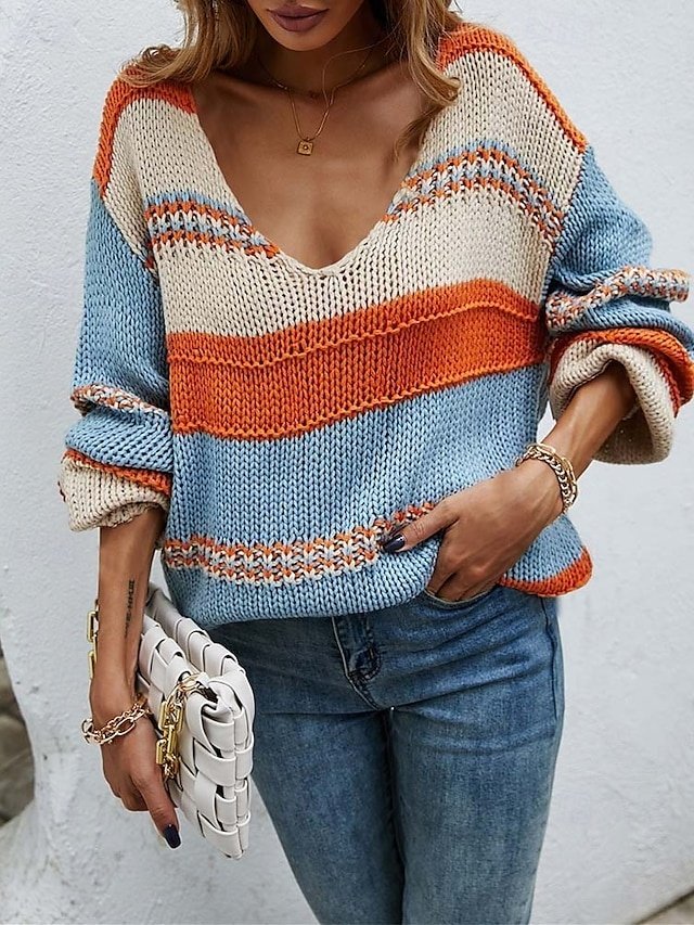Casual Knitted Colour Block Deep V Long Sleeve Long Sweater Top - Image 1