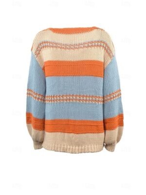 Casual Knitted Colour Block Deep V Long Sleeve Long Sweater Top - Image 3