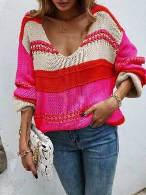 Casual Knitted Colour Block Deep V Long Sleeve Long Sweater Top - Image 4