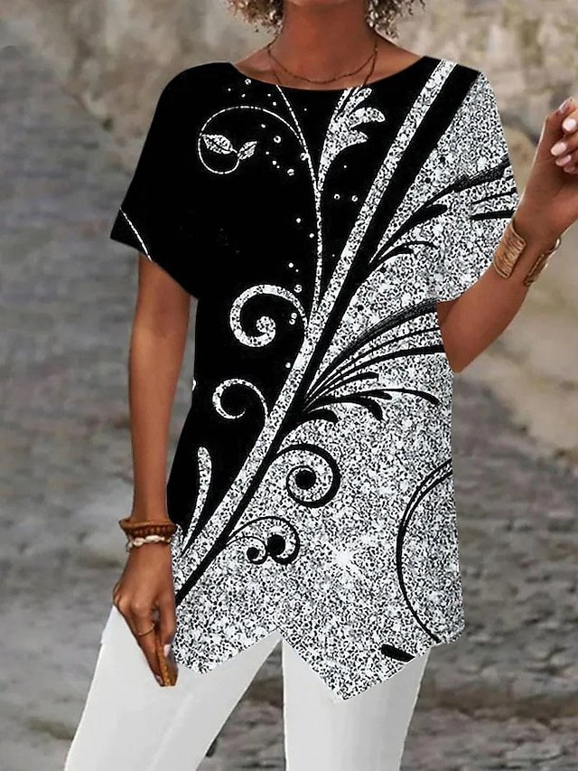 Casual Long Abstract Print Round Neck Short Sleeve Asymmetrical Hem Top - Image 2