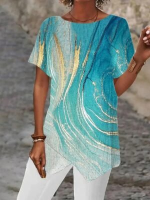 Casual Long Abstract Print Round Neck Short Sleeve Asymmetrical Hem Top - Image 3