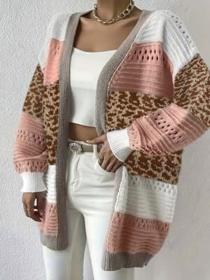Casual Long Leopard Striped V Neck Long Sleeve Cardigan - Image 1