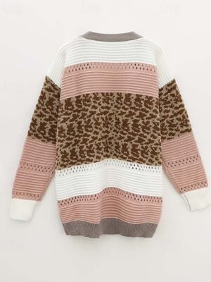 Casual Long Leopard Striped V Neck Long Sleeve Cardigan - Image 3