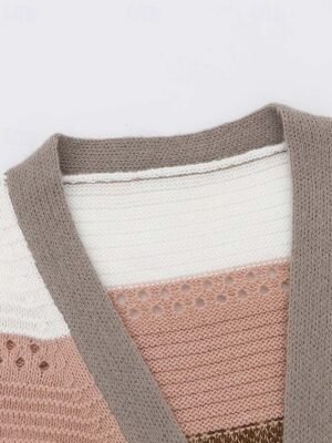 Casual Long Leopard Striped V Neck Long Sleeve Cardigan - Image 4