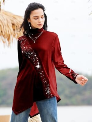 Casual Long Print Turtleneck Long Sleeve Tops - Image 1