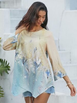 Casual Long Sleeve Abstract Print Round Neck Asymmetrical Top - Image 1