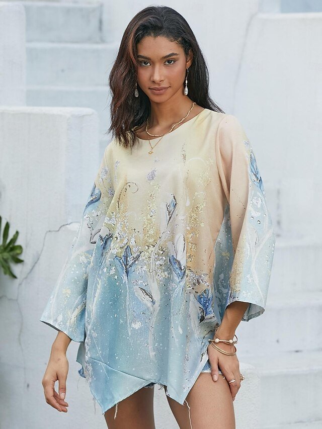 Casual Long Sleeve Abstract Print Round Neck Asymmetrical Top - Image 2