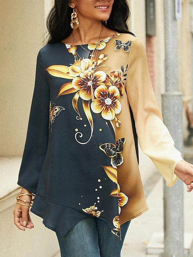 Casual Long Sleeve Floral Round Neck Asymmetrical Hem Chiffon Top - Image 2