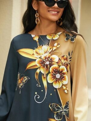 Casual Long Sleeve Floral Round Neck Asymmetrical Hem Chiffon Top - Image 4
