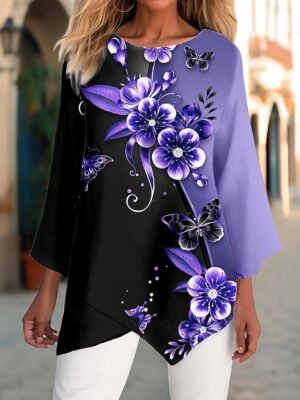 Casual Long Sleeve Floral Round Neck Asymmetrical Hem Chiffon Top - Image 8