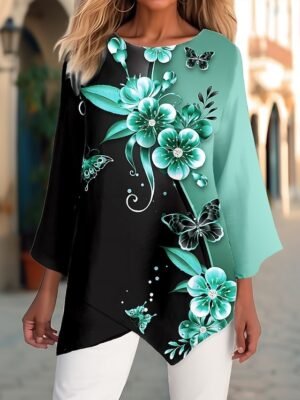 Casual Long Sleeve Floral Round Neck Asymmetrical Hem Chiffon Top - Image 9