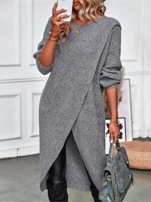 Casual Long Sleeve Pure Colour Crew Neck Sweater Dress - Image 1