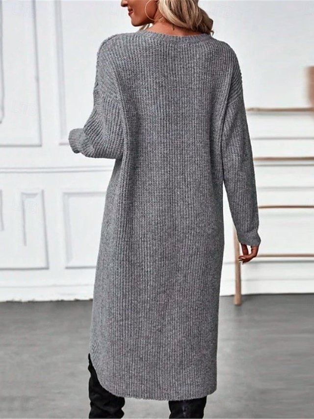 Casual Long Sleeve Pure Colour Crew Neck Sweater Dress - Image 2