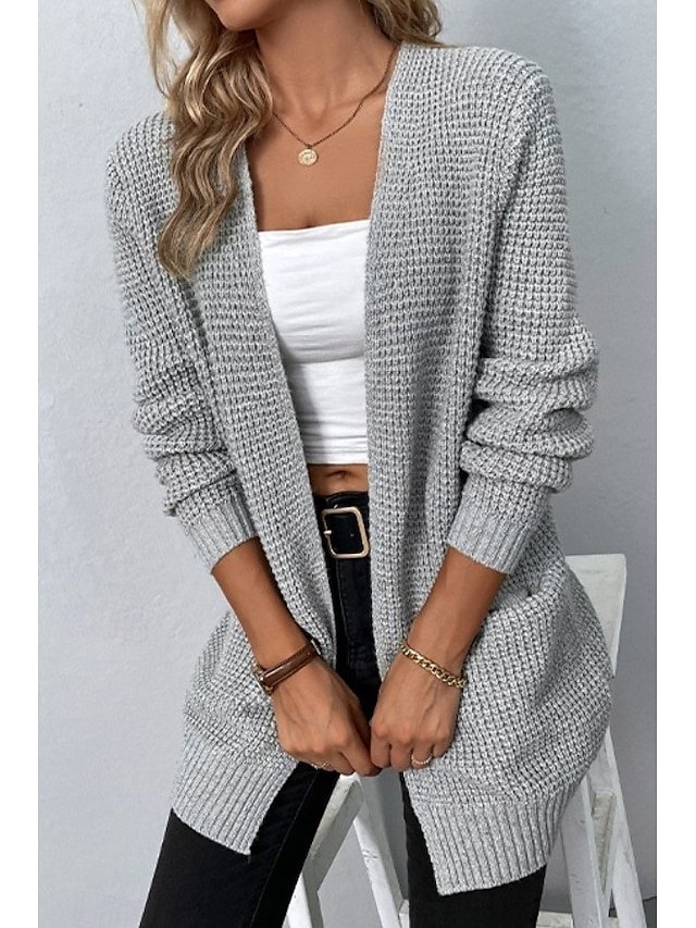 Casual Long Solid Crew Neck Knitted Long Sleeve Cardigan - Image 1
