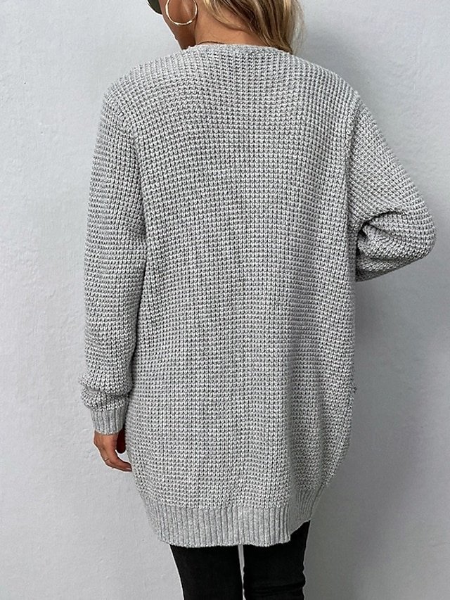 Casual Long Solid Crew Neck Knitted Long Sleeve Cardigan - Image 2