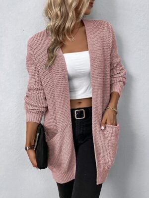 Casual Long Solid Crew Neck Knitted Long Sleeve Cardigan - Image 4