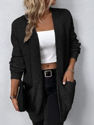 Casual Long Solid Crew Neck Knitted Long Sleeve Cardigan - Image 7