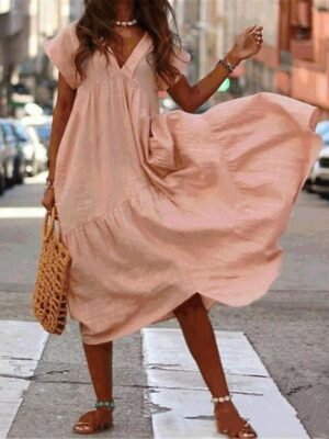 Casual Loose A-Line V Neck Short Sleeve Maxi Dress - Image 1