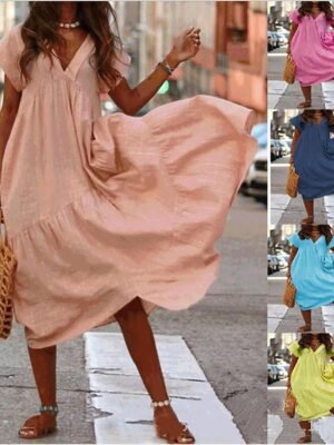 Casual Loose A-Line V Neck Short Sleeve Maxi Dress - Image 4