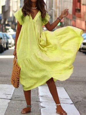 Casual Loose A-Line V Neck Short Sleeve Maxi Dress - Image 5