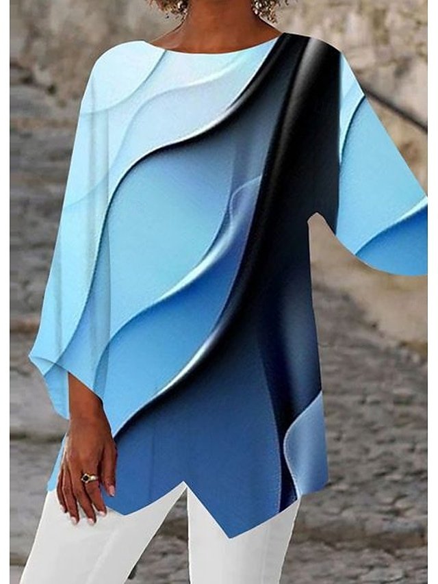 Casual Loose Abstract Round Neck Long Sleeve Asymmetrical Chiffon Tunic - Image 1