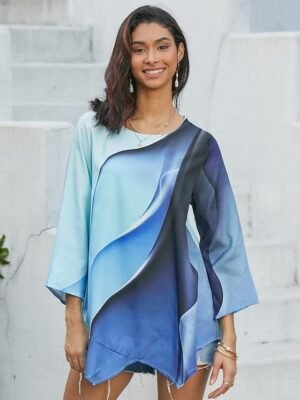Casual Loose Abstract Round Neck Long Sleeve Asymmetrical Chiffon Tunic - Image 2