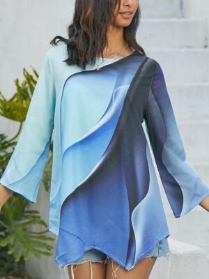 Casual Loose Abstract Round Neck Long Sleeve Asymmetrical Chiffon Tunic - Image 4