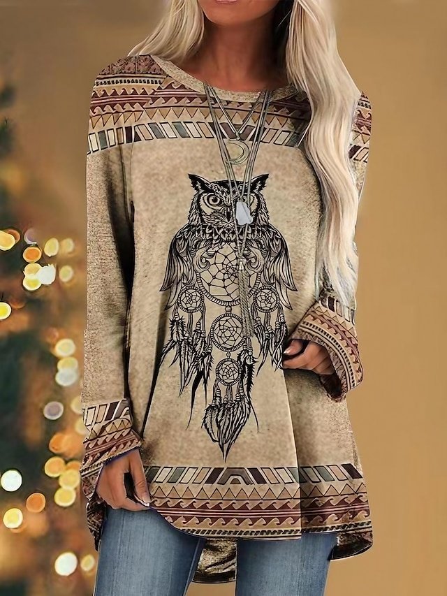 Casual Loose Animal Pattern Round Neck Long Sleeve Tunic - Image 1