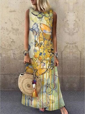 Casual Loose Animal Print Crew Neck Sleeveless Maxi Dress - Image 3