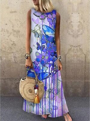 Casual Loose Animal Print Crew Neck Sleeveless Maxi Dress - Image 4