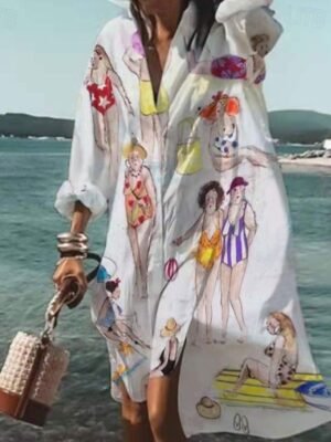 Casual Loose Animal Print Shirt Collar Long Sleeve Midi Shirt Dress - Image 1
