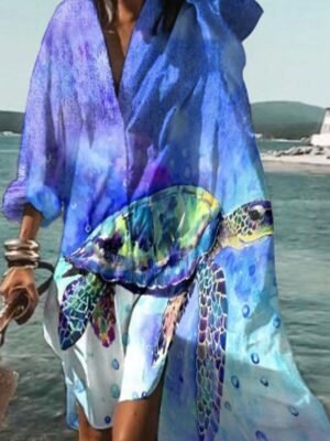 Casual Loose Animal Print Shirt Collar Long Sleeve Midi Shirt Dress - Image 5