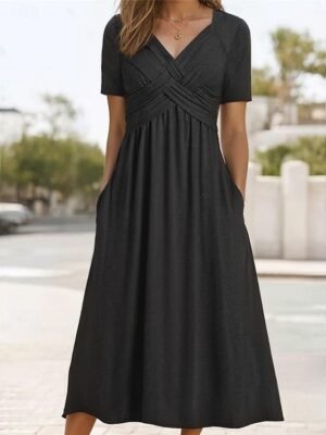 Casual Loose Basic V Neck Short Sleeve Midi Dress - Image 1
