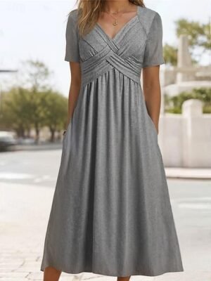 Casual Loose Basic V Neck Short Sleeve Midi Dress - Image 2