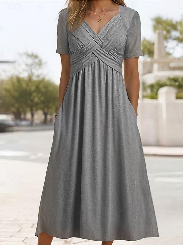 Casual Loose Basic V Neck Short Sleeve Midi Dress - Image 2