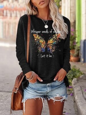 Casual Loose Butterfly Letter Print Round Neck Long Sleeve T-Shirt - Image 6