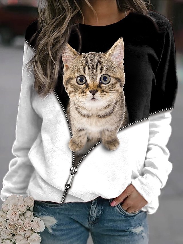 Casual Loose Cat 3D Print Crew Neck Long Sleeve Sweatshirt - Image 1