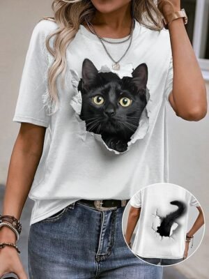 Casual Loose Cat 3D Print Round Neck Short Sleeve Novelty Tee - Image 1