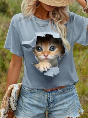 Casual Loose Cat 3D Print Round Neck Short Sleeve Novelty Tee - Image 13