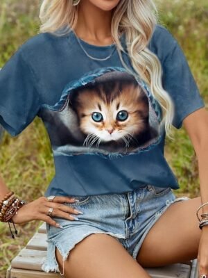 Casual Loose Cat 3D Print Round Neck Short Sleeve Novelty Tee - Image 17