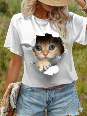 Casual Loose Cat 3D Print Round Neck Short Sleeve Novelty Tee - Image 18