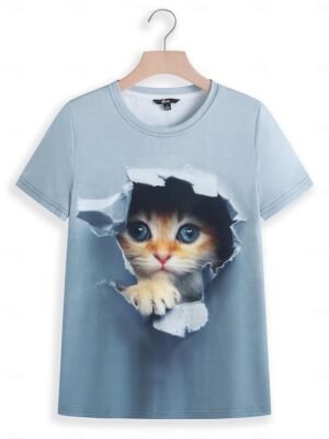 Casual Loose Cat 3D Print Round Neck Short Sleeve Novelty Tee - Image 19