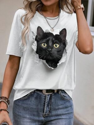 Casual Loose Cat 3D Print Round Neck Short Sleeve Novelty Tee - Image 2
