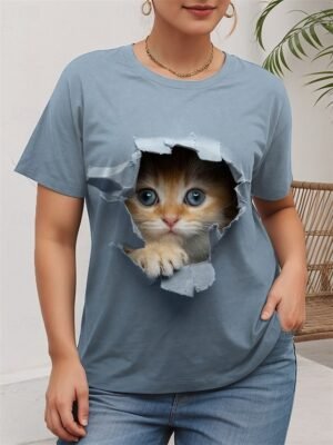 Casual Loose Cat 3D Print Round Neck Short Sleeve Novelty Tee - Image 22
