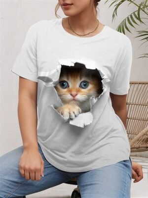 Casual Loose Cat 3D Print Round Neck Short Sleeve Novelty Tee - Image 25