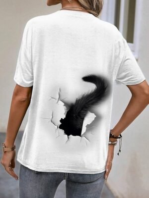 Casual Loose Cat 3D Print Round Neck Short Sleeve Novelty Tee - Image 3